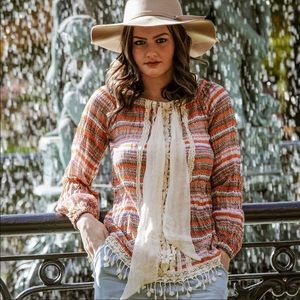 RYU HANDCRAFTED CROCHET LACE TRIMMED LONG SLEEVE TOP WITH BOW DETAIL MULTI SZ S